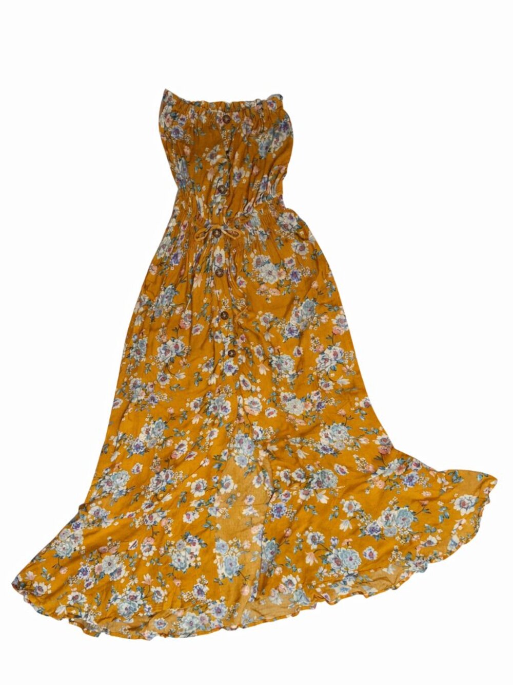 Socialite Strapless Floral Maxi Dress Yellow Smocked Waist Slit Size S - Picture 5 of 5